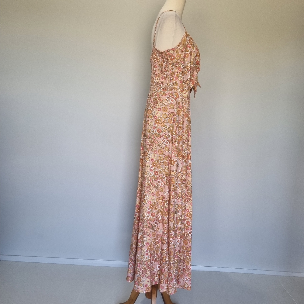 Ghanda Mia Multicolour Floral Linen Blend Tie Front Maxi Dress Size L - Picture 4 of 9